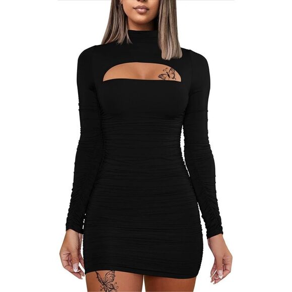 NEW Cut Out Bodycon Ruched Party Club Mini Dress L - Picture 1 of 6